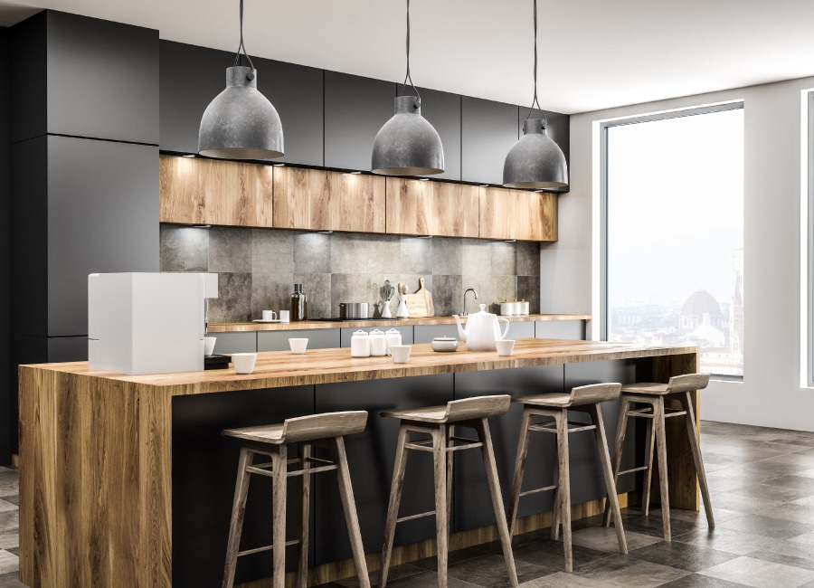 a kitchen remodeling with a bar and stools